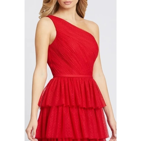 NWOT Ieena for Mac Duggal Mesh Ruffle One Shoulder Tiered Gown Women Red Size 10 - Picture 2 of 7